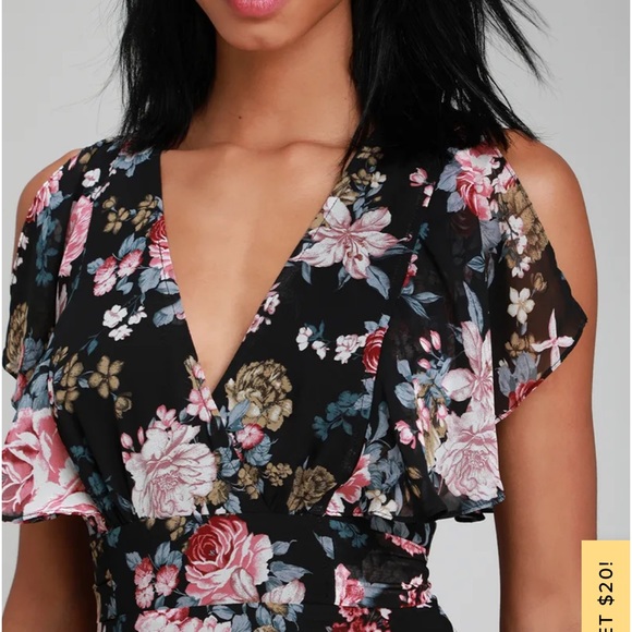 Lulus black floral midi faux wrap dress S - Picture 4 of 6